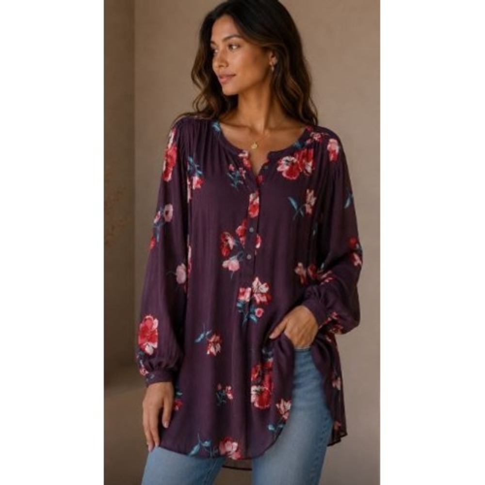 Floral Tunic Shirt 4X Purple Henley Boho Romantic Casual Office Plus Peasant